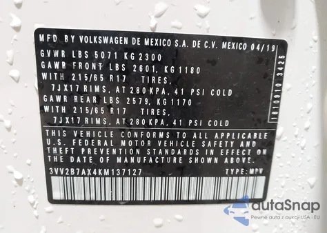 2019 Volkswagen Tiguan 2.0T Se/2.0T Sel/2.0T Sel R-Line/2.0T Sel R-Line Black from USA, damaged, VIN 3VV2B7AX4KM137127